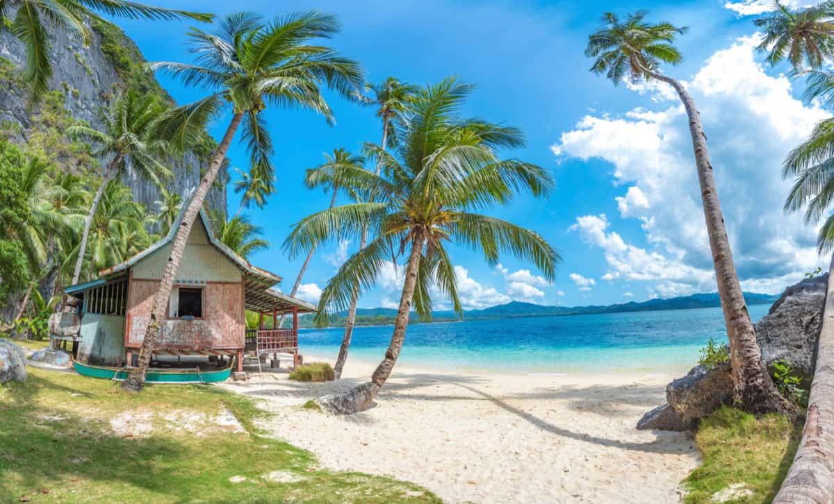 Beachfront bamboo hut in El Nido Bamboo beach hut under coconut palms in El Nido