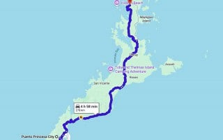 Mapa ng ruta mula sa Puerto Princesa papuntang El Nido, Palawan: 280 km, mga 5 oras na biyahe