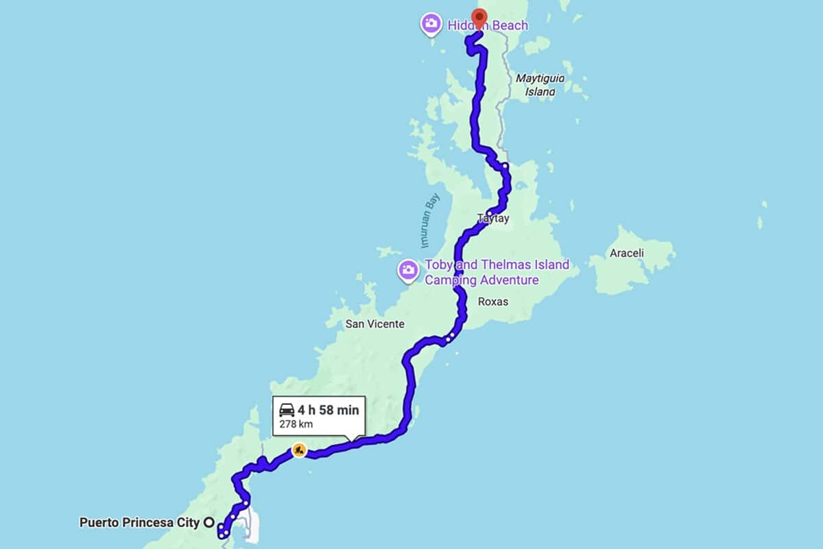 Carte du trajet de Puerto Princesa à El Nido, Palawan : 280 km, environ 5 heures de route