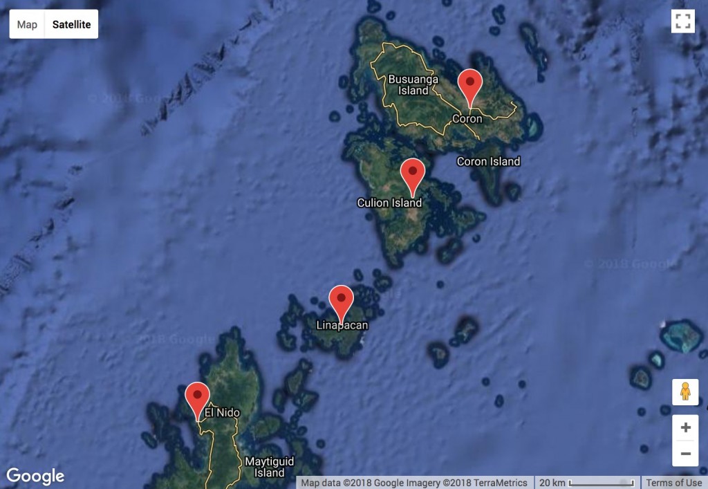 Ultimate Adventure Tour Destinations seen on a map: El Nido, Linapacan, Culion Island and Coron